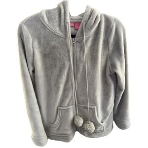Isaac Mizrahi New York Gray Plush Full Zip Hoodie Pom Pom Small
